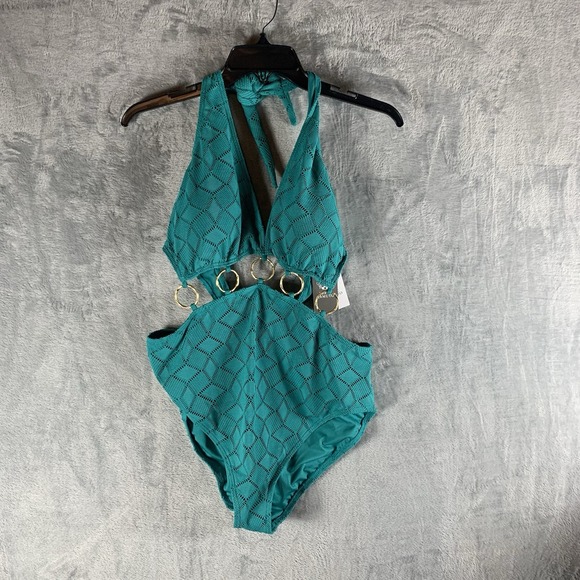 Vince Camuto Swimsuit Womens 14 One Piece Plunge Cut Out Gold Rings Green Lagoon - Picture 1 of 7